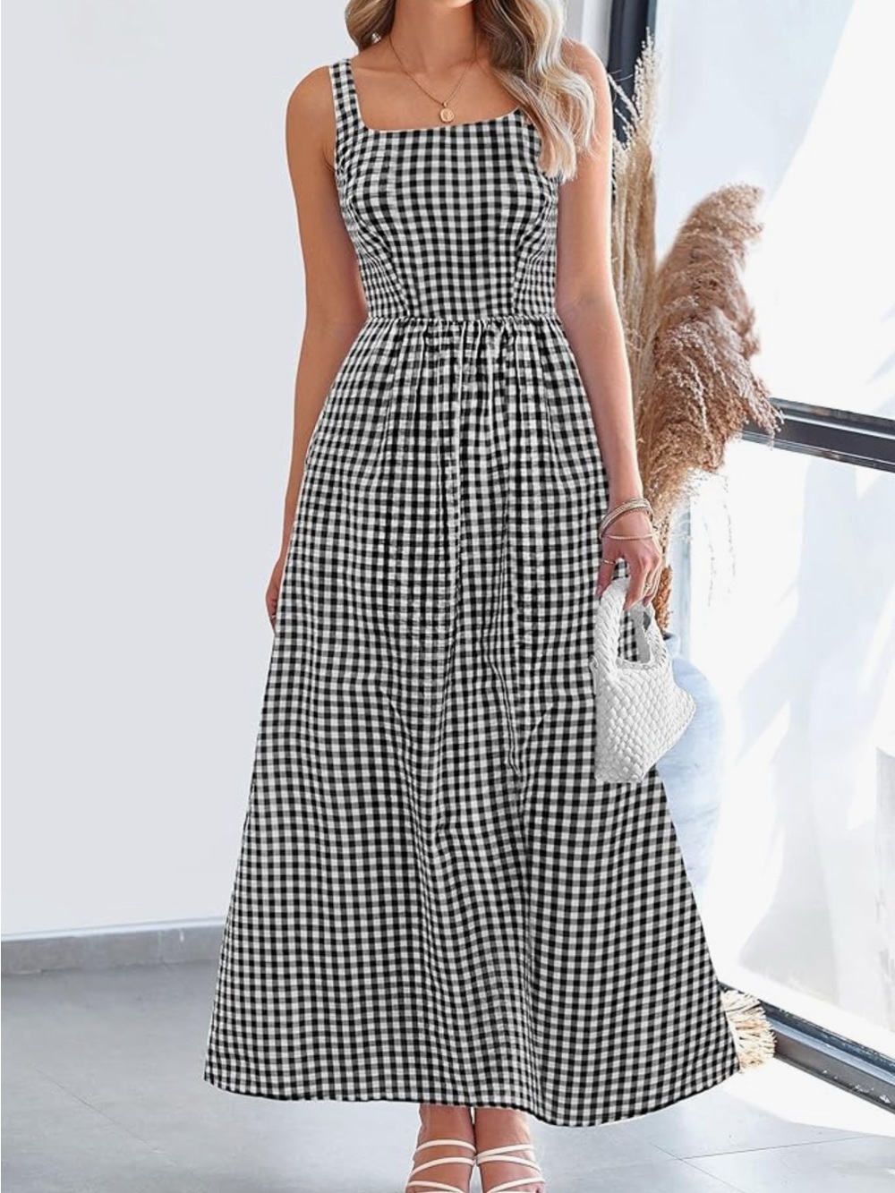 Sleeveless Black & White Gingham Maxi Dress